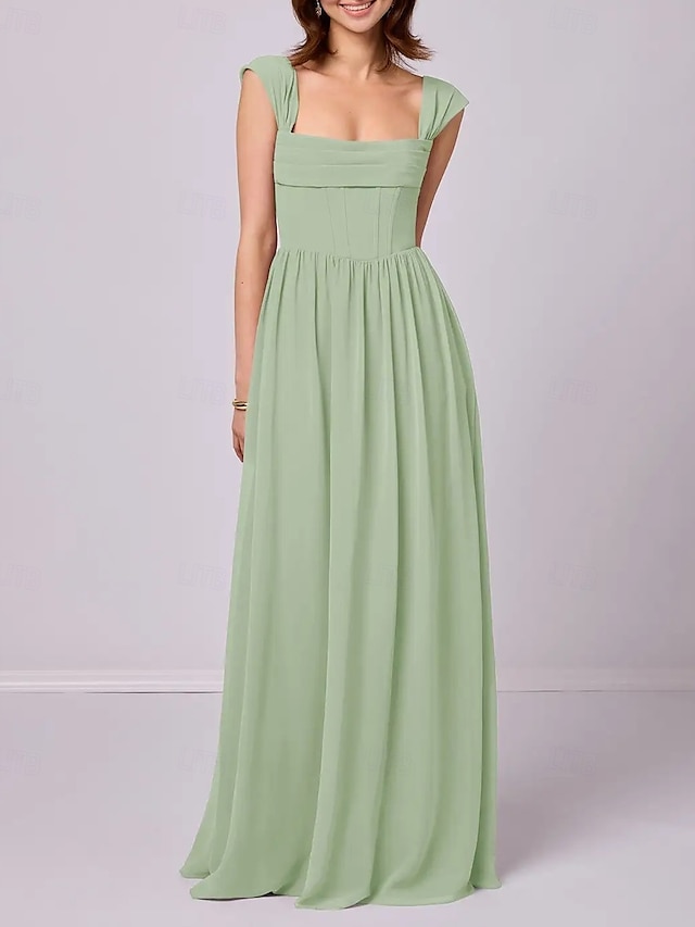  Vestido de madrinha linha A, alças, sem mangas, elegante, longo, chiffon, com pregas / franzido, 2025