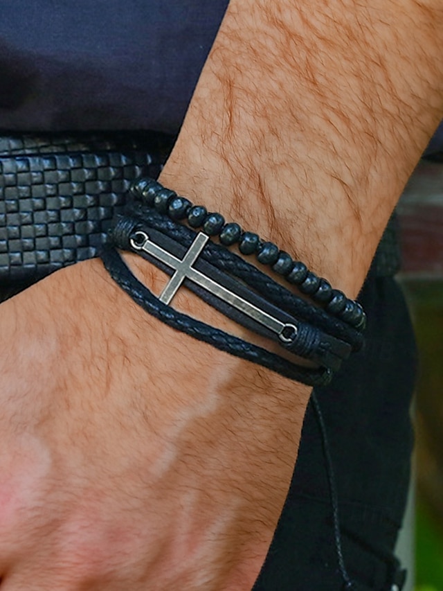  Gothic-Kreuz-Lederperlenarmband für Herren – mehrlagiges Vintage-Armband für Halloween-Partys und Retro-Punk-Stil