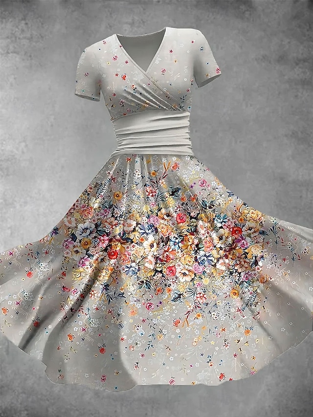  Damen Midikleid Shiftkleid Sommerkleid Urlaub Lässig Täglich Normale Passform Blumen Grafik Kurzarm V Ausschnitt Hellgrün Blau Grün Beige Sommer Frühling
