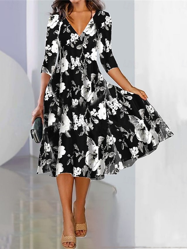  Femmes Robe maxi Robe trapèze Robes semi-formelles Bureau Coupe régulière Fleuri Manche 3/4 Col en V Noir Bleu Violet Vert Printemps Automne