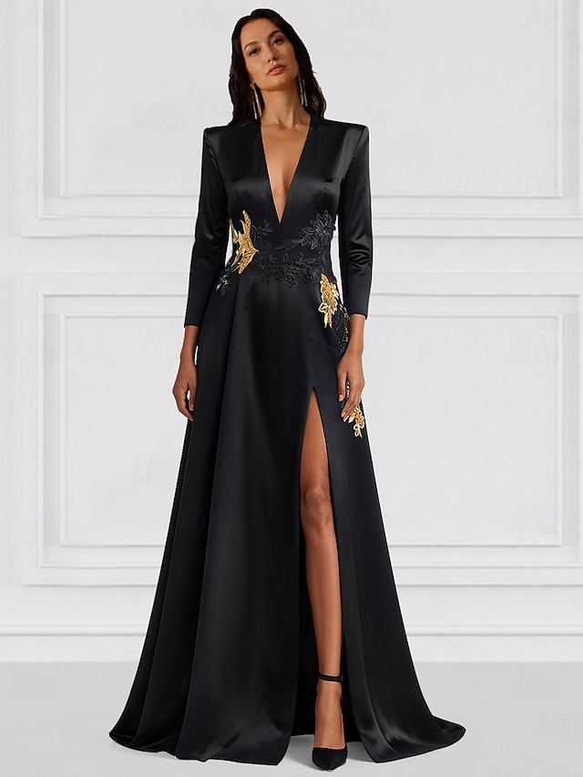  Black Tie A-Line večerní šaty elegantní šaty formální svatba délka po zem dlouhý rukáv V-výstřih elastický satén s třpytivým zdobením