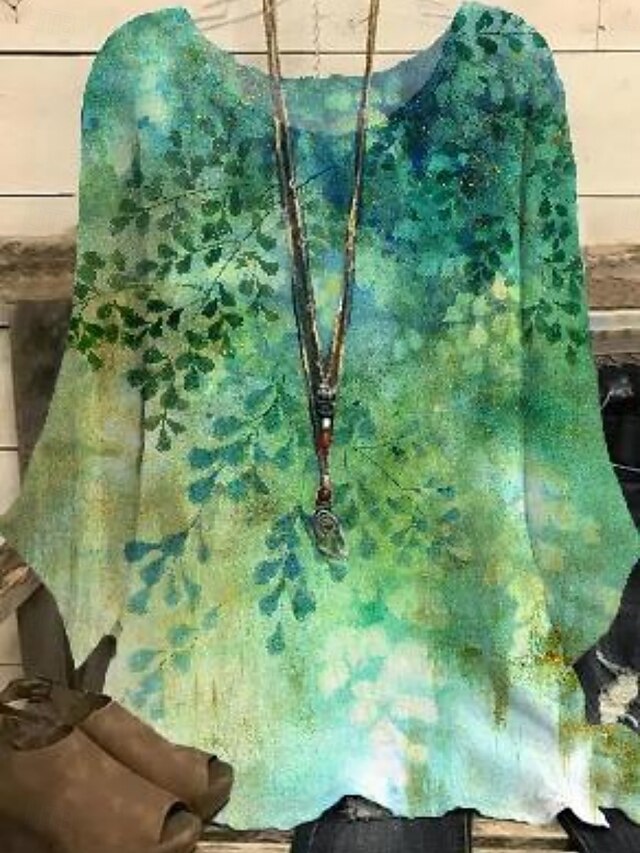 Women's Shirt Leaf Leaves Stylish 3/4 Length Sleeve Crew Neck Regular Tops Daily Holiday Print Blue Green Summer4