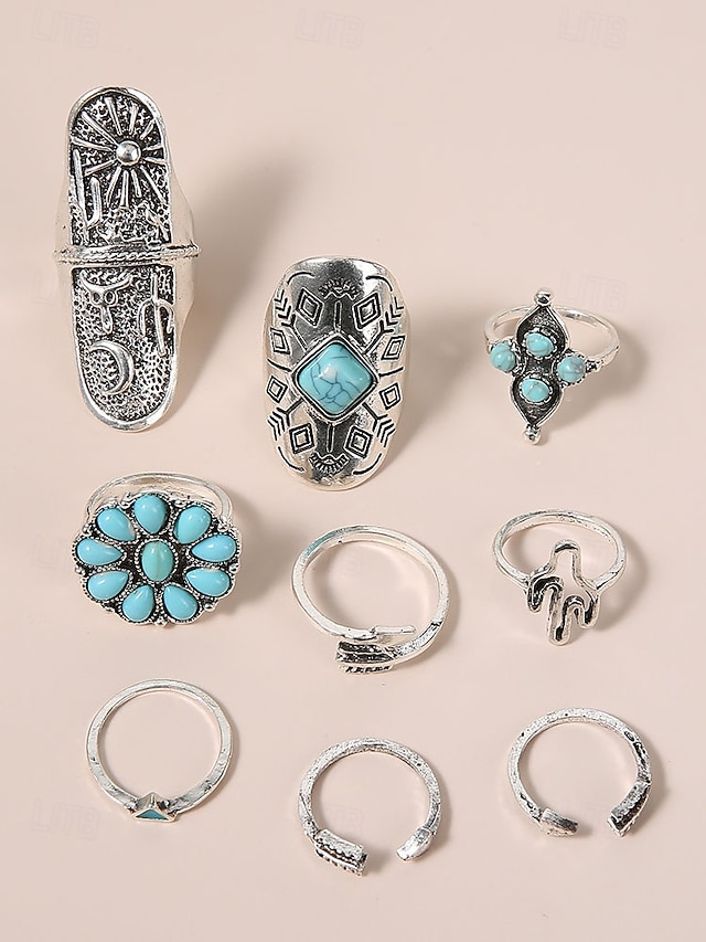  Women's Boho Vintage Turquoise Ring Set – 9-Piece Antique Silver Adjustable Midi Rings for Gypsy Festival, Beachwear and Casual Styling