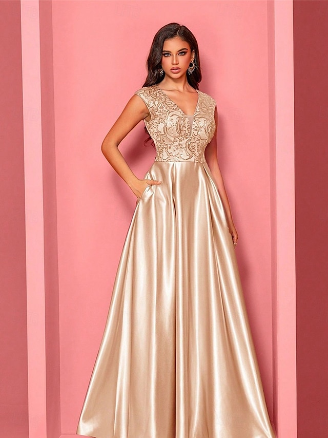  Robe A-Line Quinceanera Robes Élégante Robe de Mariage Formelle Longueur Maxi Sans Manches Col V Polyester avec Plis
