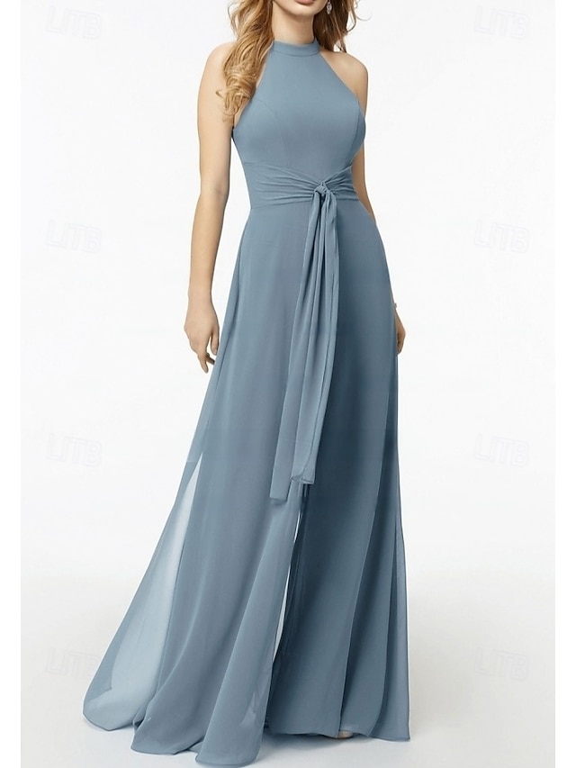  Jumpsuits Robes invitée de mariage Robe élégante invitée de mariage engagement longueur de sol sans manches col halter chiffon avec poche bretelles