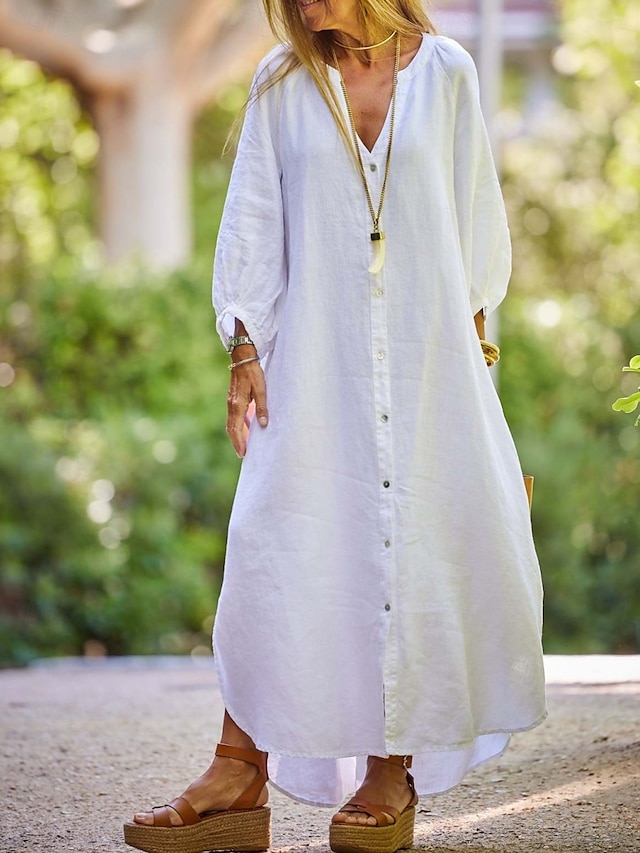  Damen Maxikleid A Linie Kleid Sommerkleid Lässig Täglich Normale Passform Einfach Langarm V Ausschnitt Schwarz Weiß Braun Grau Sommer
