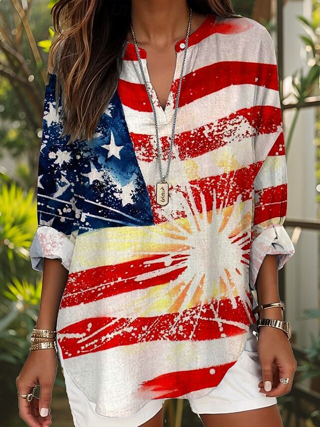  Blouse Tunique Femme Col V Manches Longues Boho Décontractée Patriote Graphique Drapeau Stylés Modernes Tops Normaux Imprimé Quotidien Noir Bordeaux Rouge Bleu Bleu Poussière