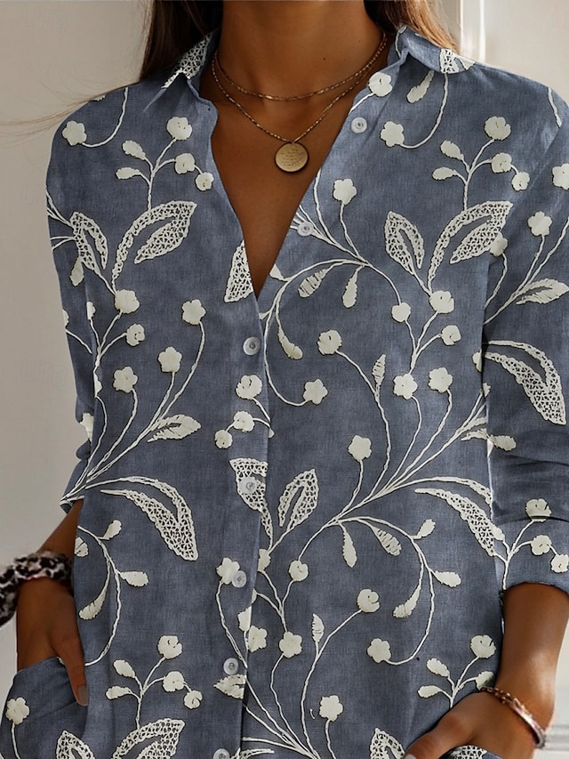 Women's Shirt Floral Active Daily Stylish Long Sleeve Shirt Collar ...
