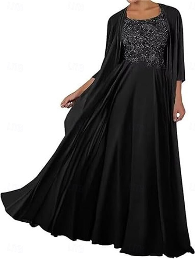 Elegant Two-Piece Square Neck Long Sleeve Zipper Up Floor-Length Mother of the Bride Dress