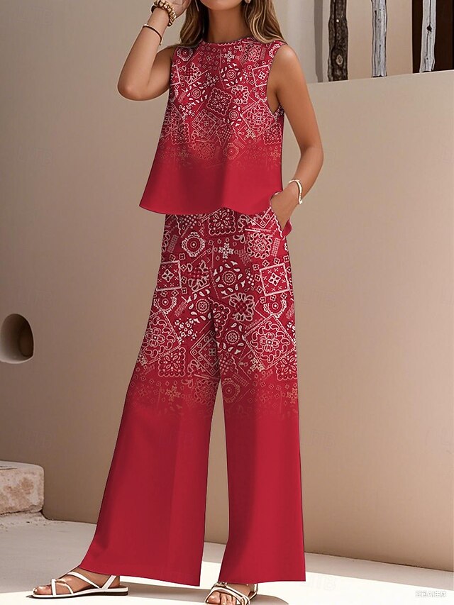 Women's Elegant Fashion Streetwear Two Piece Sets Blouse Vest Pants Trousers Sleeveless Crew Neck Outdoor Work Casual Floral Print Vacation Vintage Daily Holiday Red Summer Regular Fit4