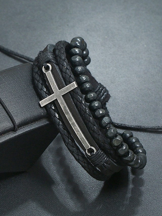  Men's Gothic Cross Leather Beaded Bracelet – Vintage Multilayer Wristband for Halloween Parties and Retro Punk Style