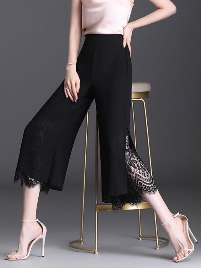  Femmes Jambe large Pantalon capri Streetwear Occasionnel Longueur mollet Taille haute Uni Dentelle Respirabilité Doux Micro-Élastique Vacances Rue Tenue quotidienne Noir Été Coupe régulière