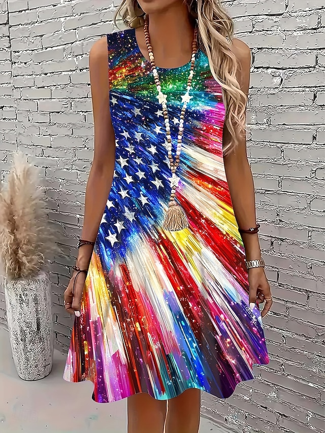  Women's Patriotic  Mini Dress A Line Dress Summer Dress Off The Shoulder Dress Vacation Casual Party Daily Regular Fit Graphic Flag Sleeveless U Neck Blue Summer