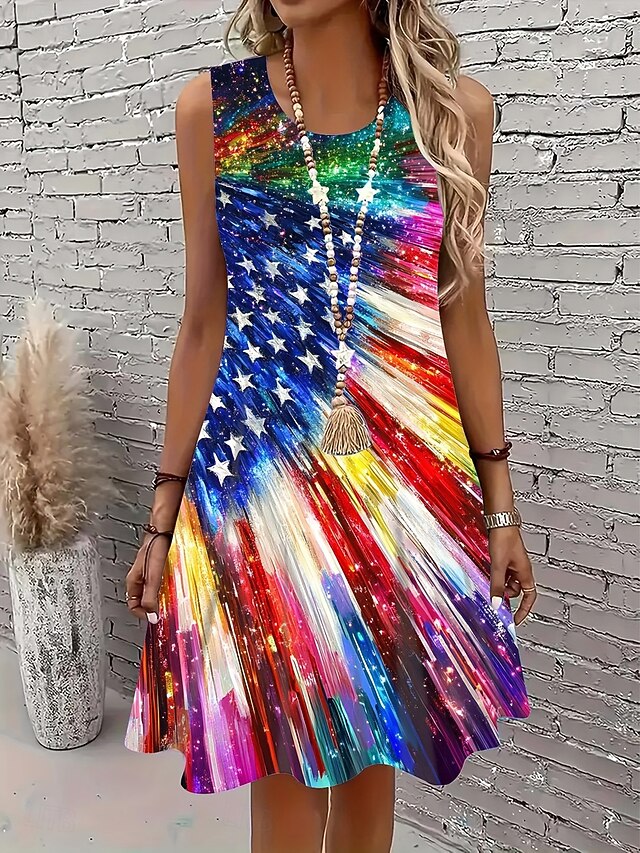 Women's Patriotic  Mini Dress A Line Dress Summer Dress Off The Shoulder Dress Vacation Casual Party Daily Regular Fit Graphic Flag Sleeveless U Neck Blue Summer3