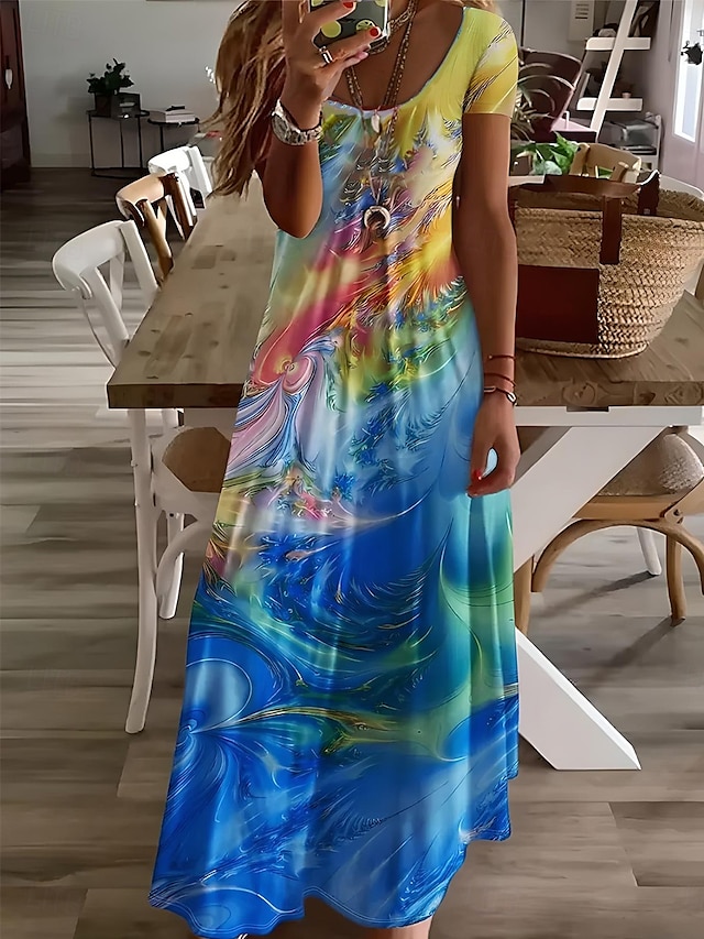  Women's Midi Dress Sundress A Line Dress Vacation Casual Boho Going out Standard Fit Ombre Graphic Geometric Short Sleeve V Neck Blue Summer Spring Fall