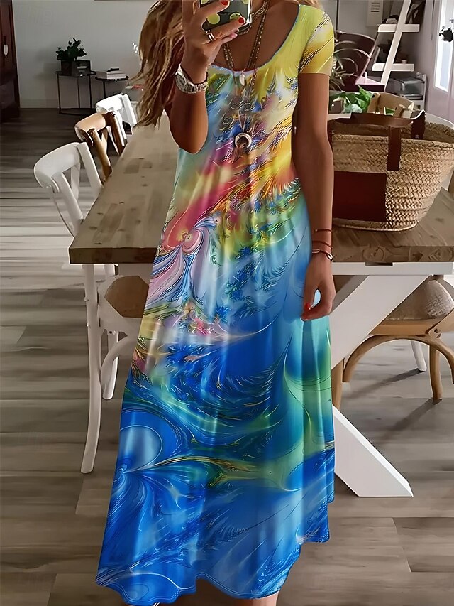 Women's Midi Dress Sundress A Line Dress Vacation Casual Boho Going out Standard Fit Ombre Graphic Geometric Short Sleeve V Neck Blue Summer Spring Fall3