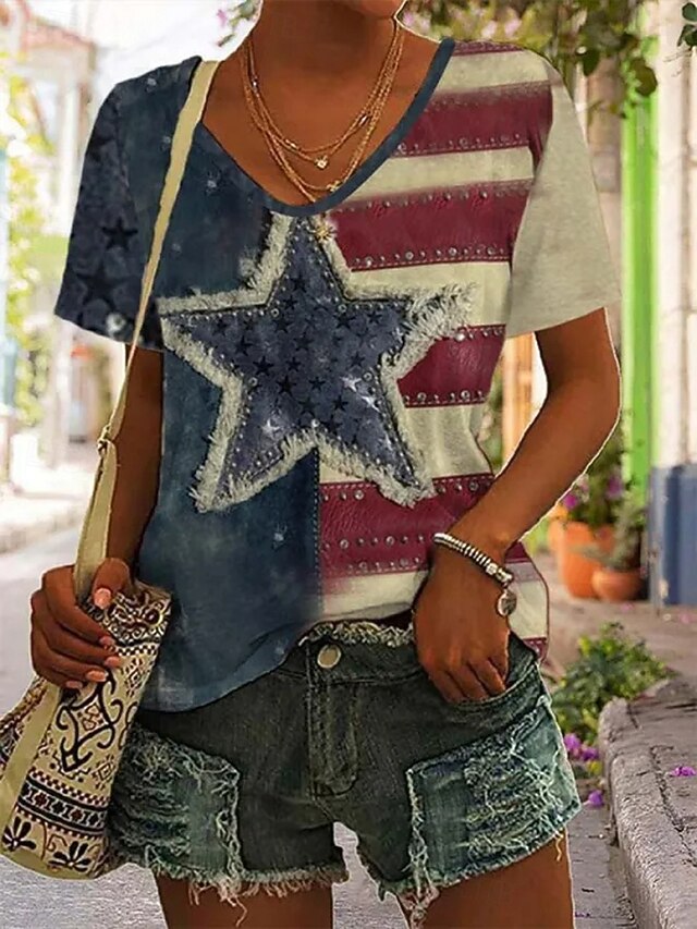 Women's Patriotic  T Shirt Heart Graphic Flag Stylish Casual Short Sleeve V Neck Regular Tops Daily Print Blue Purple Brown Green Summer Spring4