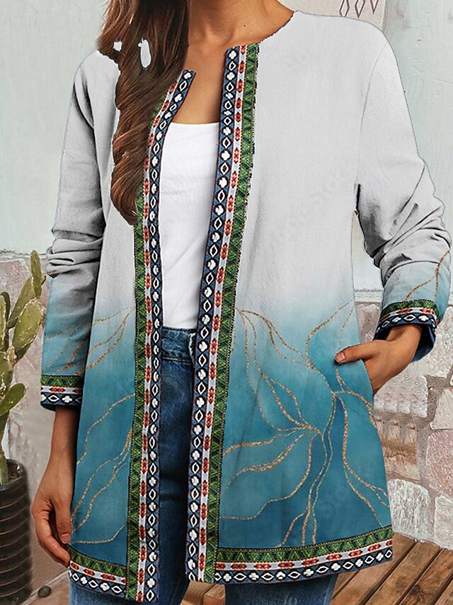 Women's Dressy Dusters Dressy Jackets Casual Jacket Street Going out Fall Winter Regular Coat Regular Fit Warm Comfortable Fashion Modern Jacket Long Sleeve Floral Pocket Wine Blue Sky Blue4