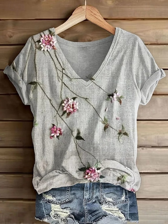 Femmes T-shirt Fleuri Graphique Plantes Bohème ancien Élégant Manche Courte Col en V Hauts Réguliers Quotidien Sortir Week-end Imprimé Vert foncé Vert Gris Été Printemps