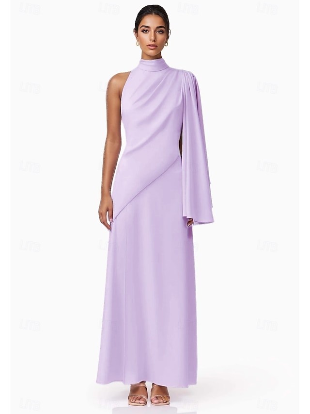  A-Line Cocktail Dresses Elegant Formal Wedding Guest Ankle Length Sleeveless High Neck Stretch Crepe with Ruffles