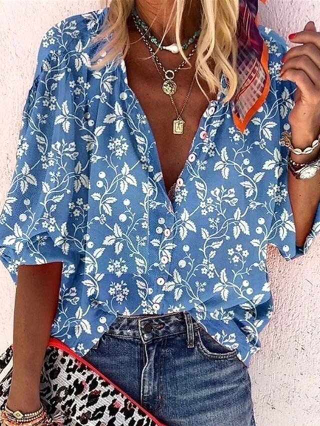 Women's Summer Tops Floral Graphic Bohemia Vintage Daily 3/4 Length Sleeve V Neck Regular Tops Daily Beach Wear Vacation Wear Print Blue Purple Khaki Summer Spring Fall4