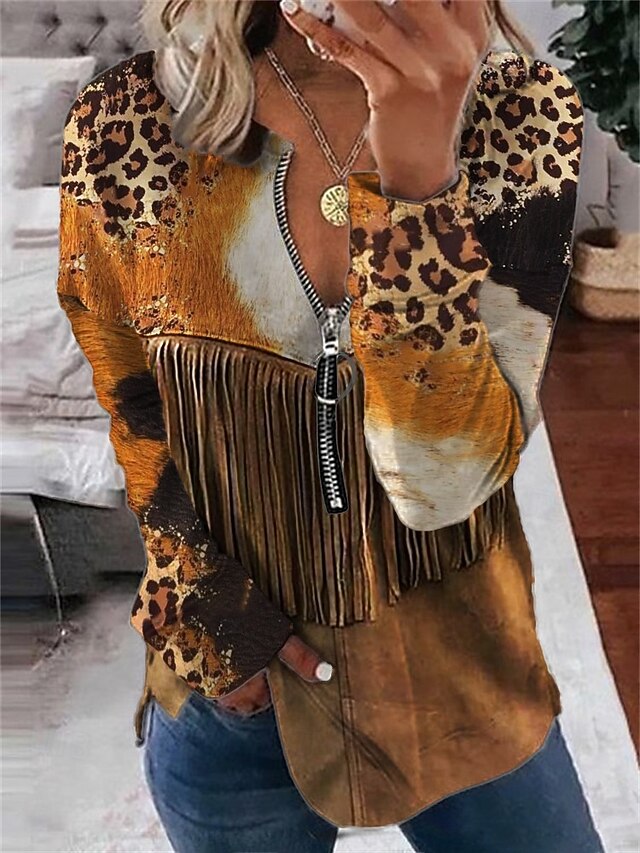 Women's Blouse Leopard Daily Stylish Long Sleeve Crew Neck Regular Tops Daily Going out Print Quarter Zip Blue Brown Spring Fall3