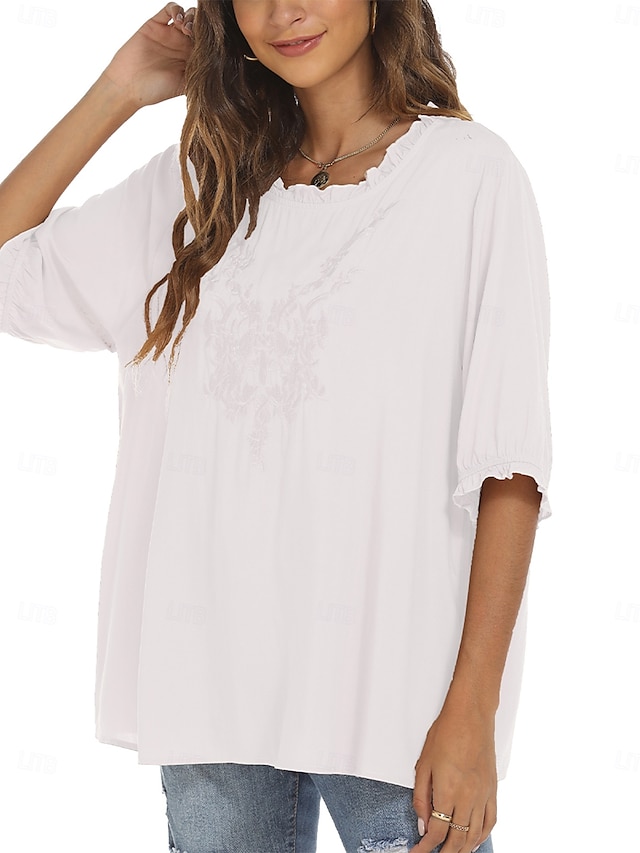  Damen Hemd Einfarbig Blumen Lässig Boho Dreiviertelarm Ellbogenärmel Rundhalsausschnitt Normale Oberteile Täglich Ausgehen Rüsche Bestickt Schwarz Weiß Rote Khaki Sommer