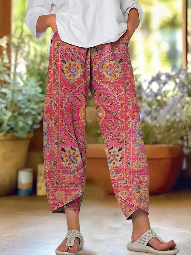 Women's Chinos Baggy Pants Vacation Vintage Ethnic Style Ankle-Length High Waist Graphic Geometric Paisley Drawstring Patchwork Printing Breathable Micro-elastic Vacation Casual Daily Magenta Summer4