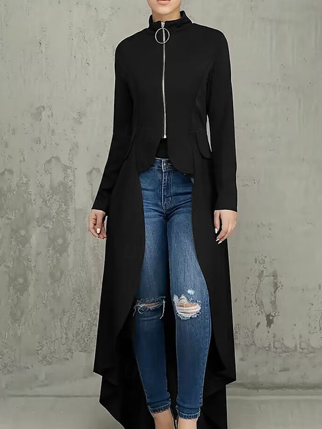  Dames Vrijetijdsjas Comfortabel Vetoketju Onregelmatige zoom Elegant Modieus Effen Straat Weekend Rits Lang Opstaand Normale pasvorm Lange mouw bovenkleding Zwart Bordeaux Herfst Winter