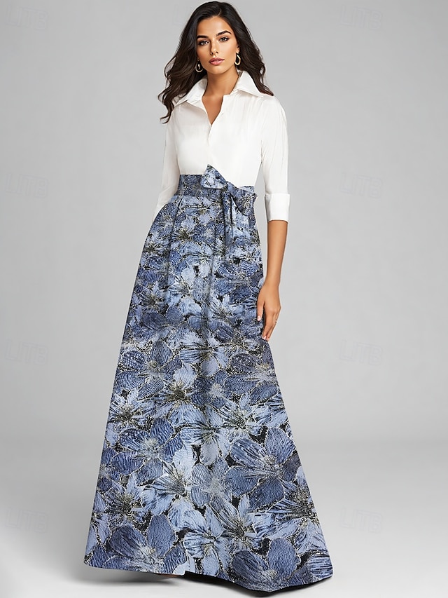  Robe Mère de la Mariée A-Line en brocart jacquard bleu Élégante Vintage Col chemise Longueur de sol Tissu extensible Manches longues avec nœud(s) Bloc de couleur