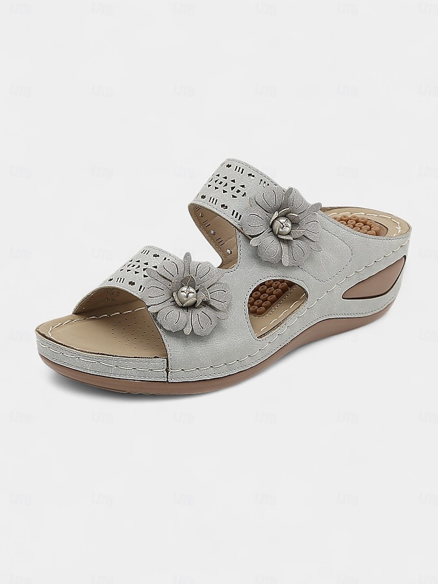  Women’s Arch-Support Wedge Sandals with Floral Cutout and Massage Insole, Comfortable Daily Wear for Shopping, Vacation and Summer Picnics