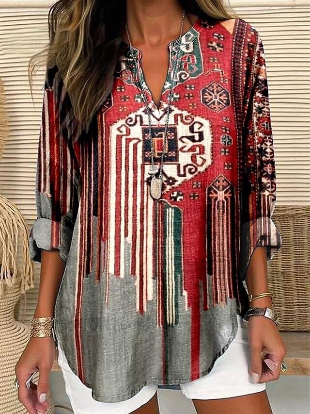 Women's Shirt Geometric Retro Vintage Ethnic Long Sleeve V Neck Regular Tops Daily Holiday Buttons Print Wine Red Summer4