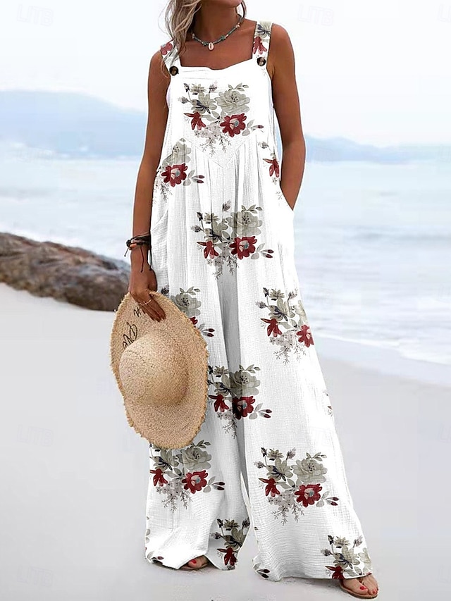  Mujer Mono Activo Floral Sin Mangas Perneras anchas Bolsillo Vacaciones Calle Holgado Rosa Verde Ejército Rojo Verano