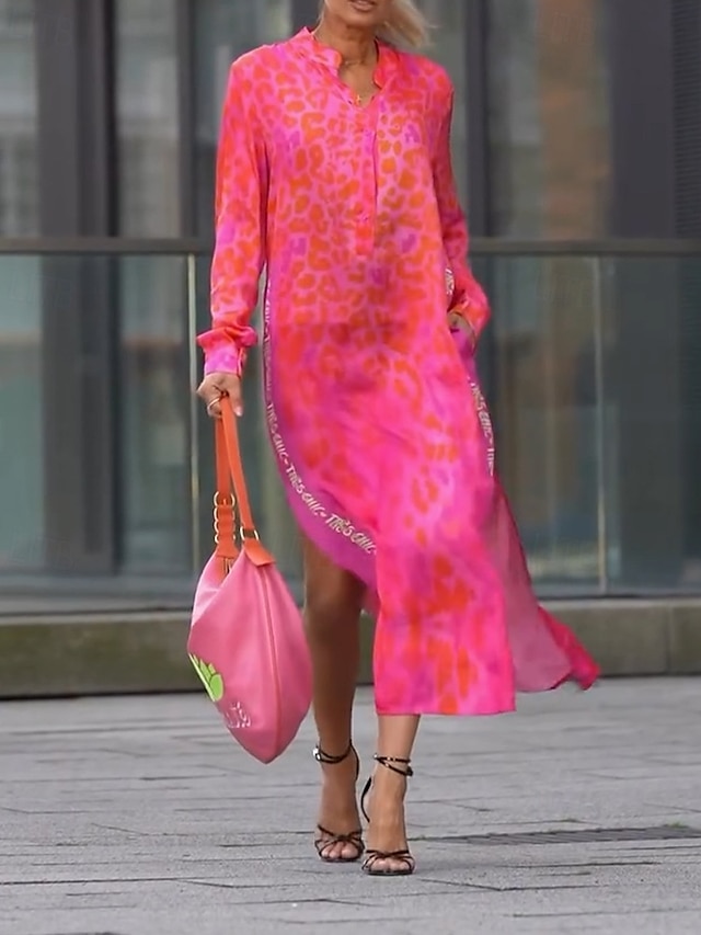  Femmes Robe Midi Robe Fleurie Mode Classique Moderne Extérieur Vacances Quotidien Coupe régulière Léopard manche longue Col en V Bleu Vert Rose rouge Été