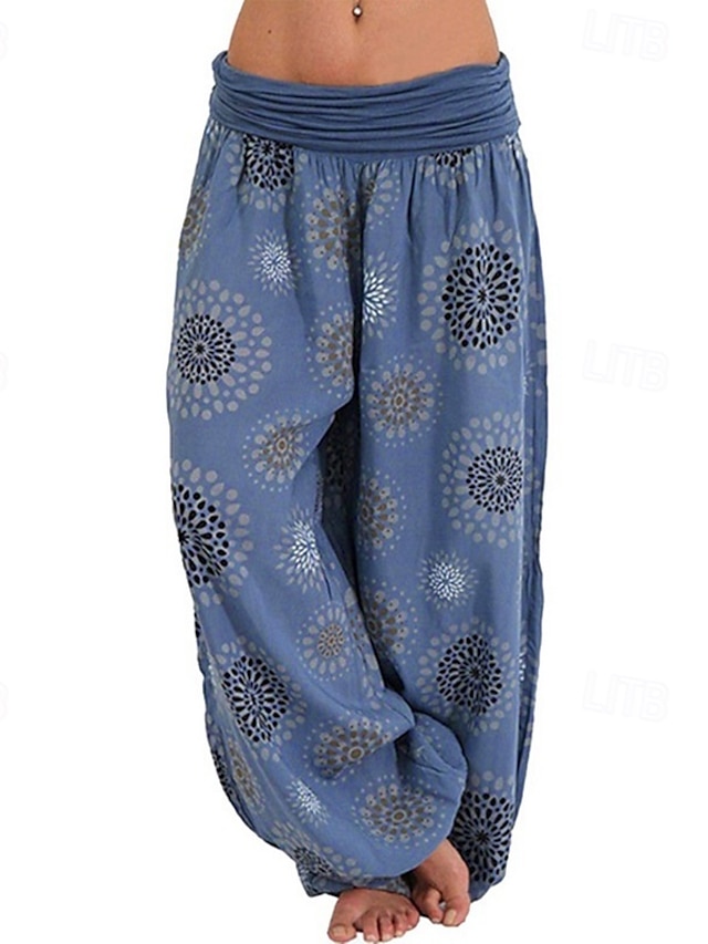  Mulheres Calças Calças Harem Calça Palazzo Moda Boho Comprimento total Cintura Média Imprimir Cintura elástica Confortável Micro-Elástica Rua Roupa Diária Para Noite Preto Amarelo Verde Tropa Azul