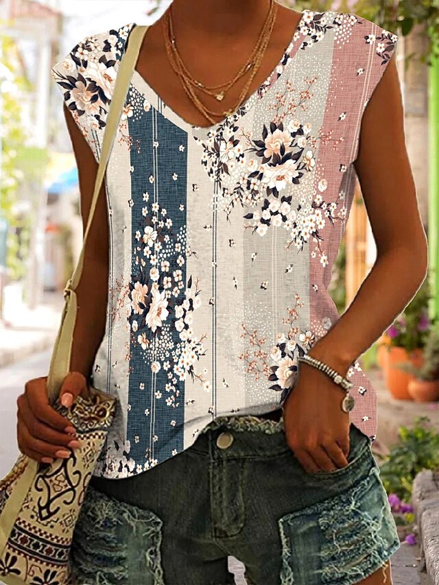 Women's Camisole Tank Top Floral Graphic Striped Vintage Daily Stylish Sleeveless V Neck Regular Tops Daily Going out Beach Wear Print Dusty Rose Summer Spring4