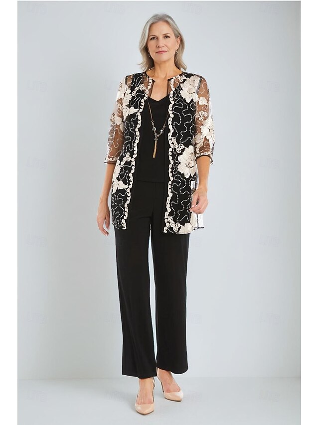  Mono  Traje de Pantalón de 3 Piezas Traje de la Madre de la Novia Traje Elegante Vintage Simple Cuello en V Largo hasta el Tobillo Chiffón Elástico con Manga Corta y Apliques Bordados con Lentejuelas