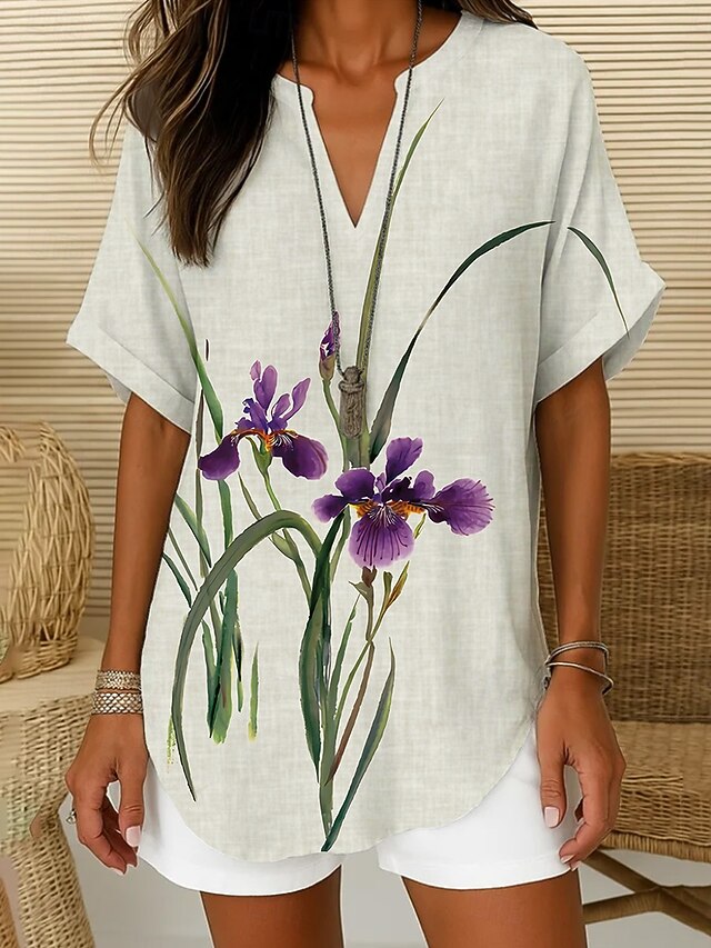 Women's Boho Shirt Floral Graphic Bohemia Vintage Tropical Short Sleeve Regular Tops Daily Holiday Beach Wear White Blue Beige Summer Spring4
