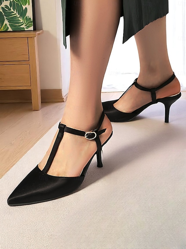  Women's Brown T-Strap Pointed Toe Heels - Elegant Slingback Dress Shoes with Buckle for Office Wear and Daytime Dates