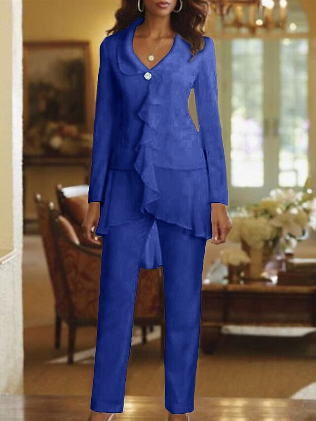 Pantsuit/Jumpsuit V-Neck Sleeveless Floor-Length Chiffon Plus Size Bridesmaid Dresses with Ruffles