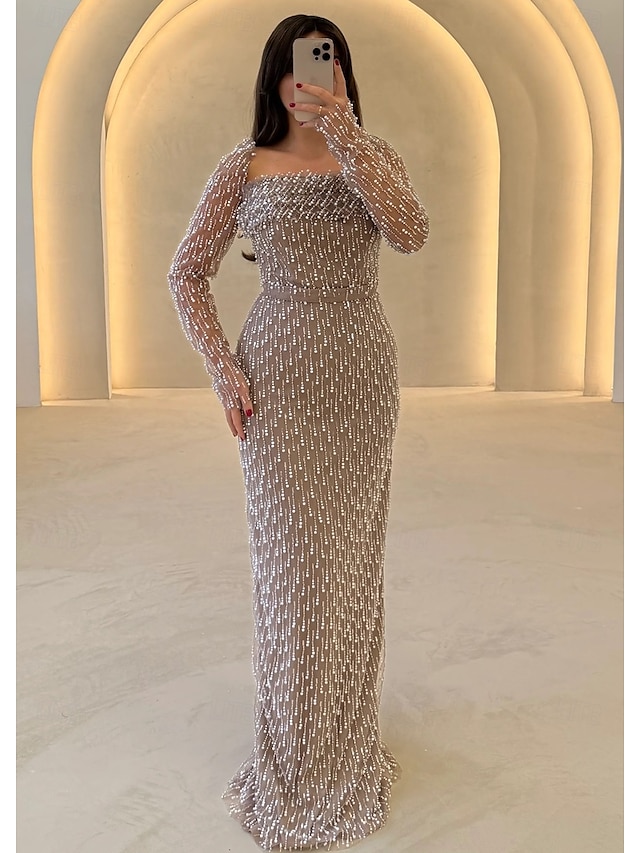  Sheath  Column Evening Gown שמלה אלגנטית קרנבל רשמית באורך רצפה שרוול ארוך צוואר ריבועי מבריק עם נצנצים