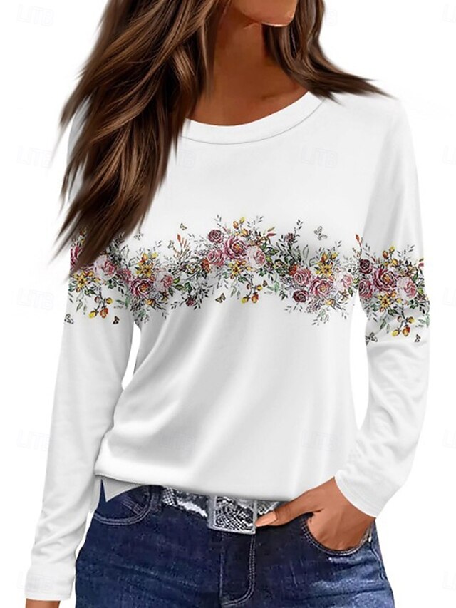 Women's T shirt Long Sleeve Crew Neck Long Sleeve Tunic Floral Graphic Plants Vintage Stylish Classic Round Neck Regular Tops Daily Print White Pink Blue Fall Prefall4