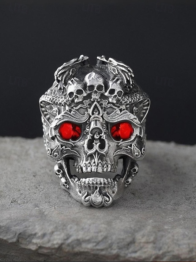  Inel gotic bărbătesc cu craniu și cristale roșii, material din aliaj, design vintage pentru petreceri de Halloween, stil punk și ocazii retro