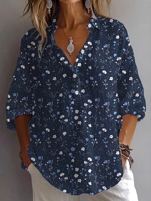 Women's Shirt Button Down Tunic Shirt Collar Long Sleeve Floral Graphic Vintage Tropical Daily Regular Tops Work Daily Holiday s Print Navy Blue Spring Fall4