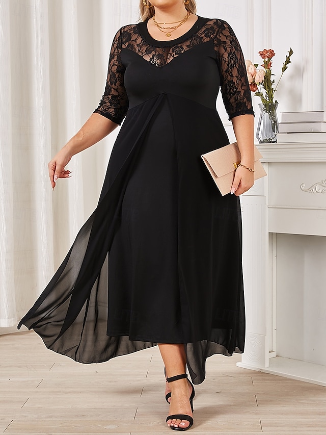  Damen Übergröße schwarzes kleid Einfarbig Rundhalsausschnitt Halbarm Sommer Frühling Elegant Midikleid Party Kleid