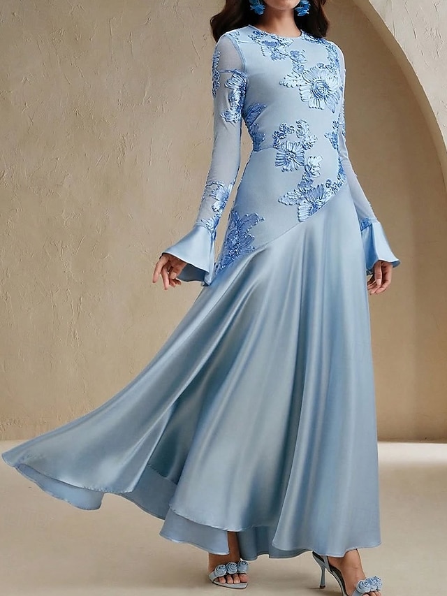  Blauer Bogen Spitze A-Linie Abendkleid Elegantes Kleid Formelles Hochzeitskleid Bodenlang Lange Ärmel Rundhals Stretchmaterial