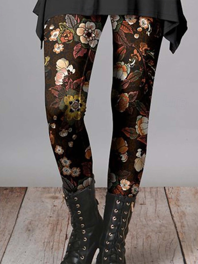  Mulheres Calças Leggings Roupa de rua Casual Comprimento total Natural Flor Cintura elástica Imprimir Confortável Exterior Ao ar livre Férias Feriado Cinza escuro Vinho Preto Outono Normal
