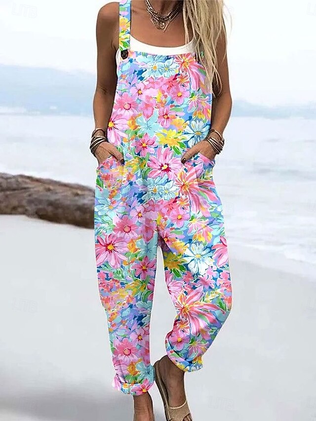 Women's Dungarees Active Floral Sleeveless with Pocket Vacation Daily Loose Fit Pink Blue Green Summer4