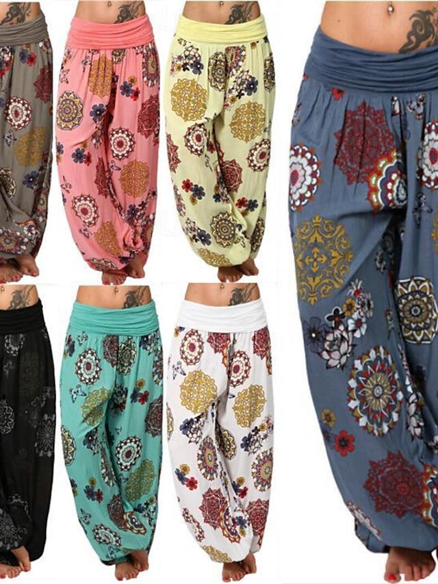  Mulheres Calças Calças Harem Calça Palazzo Moda Boho Comprimento total Cintura Média Imprimir Cintura elástica Confortável Micro-Elástica Rua Roupa Diária Para Noite Preto Branco Amarelo Rosa claro