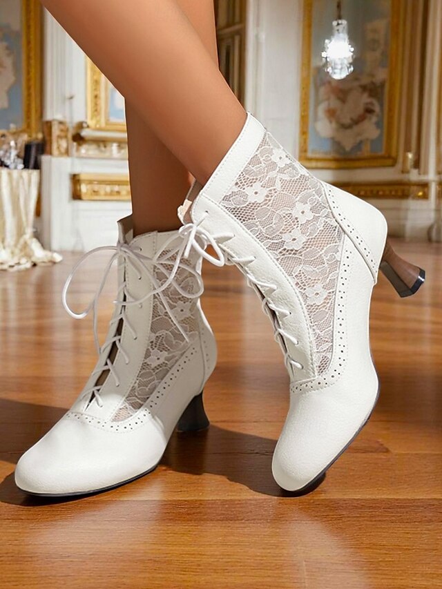  Botas femininas vintage dos anos 1930, com cadarço, brancas, com inserções de renda floral – saltos elegantes em estilo retrô para eventos formais, casamentos e festas